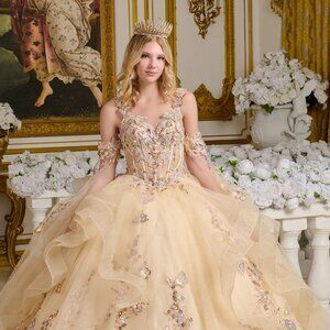 New Cut-Away Shoulder Quinceanera Tulle Gown w/ Rhinestones Embroidery & GL3648